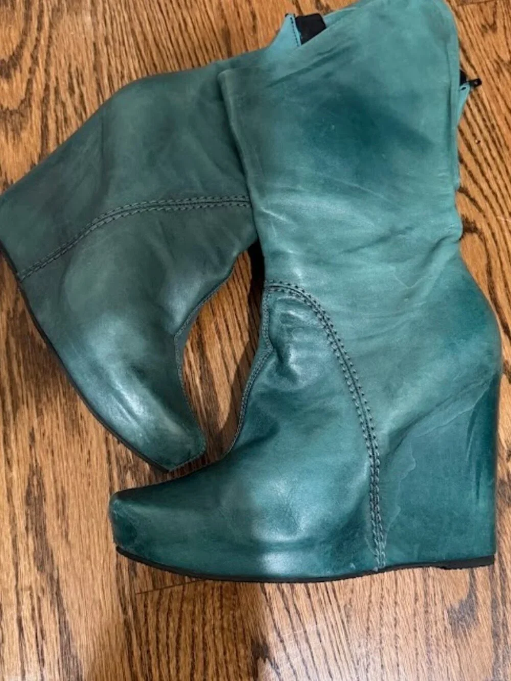 Venezia Teal Wedge Boots Side Zip Slouch Platform Leather EU 37